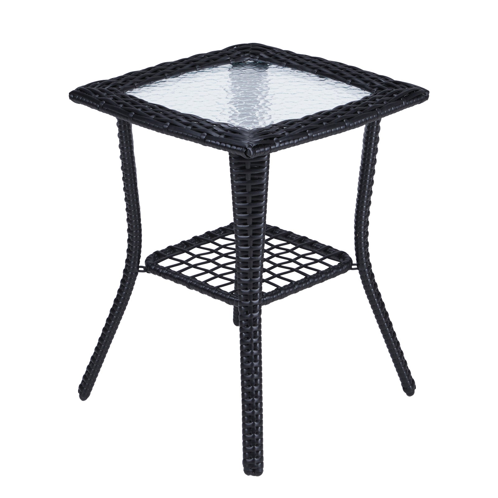 Outdoor Wicker Side Table, Rattan End Table with Glass Top, Patio Coffee Bistro Table for Indoor Garden Porch Balcony, Black 0e7rxg-c0