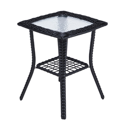 Outdoor Wicker Side Table, Rattan End Table with Glass Top, Patio Coffee Bistro Table for Indoor Garden Porch Balcony, Black 0e7rxg-c0