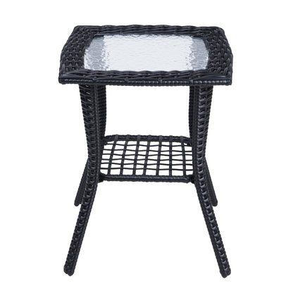 Outdoor Wicker Side Table, Rattan End Table with Glass Top, Patio Coffee Bistro Table for Indoor Garden Porch Balcony, Black 0e7rxg-c0