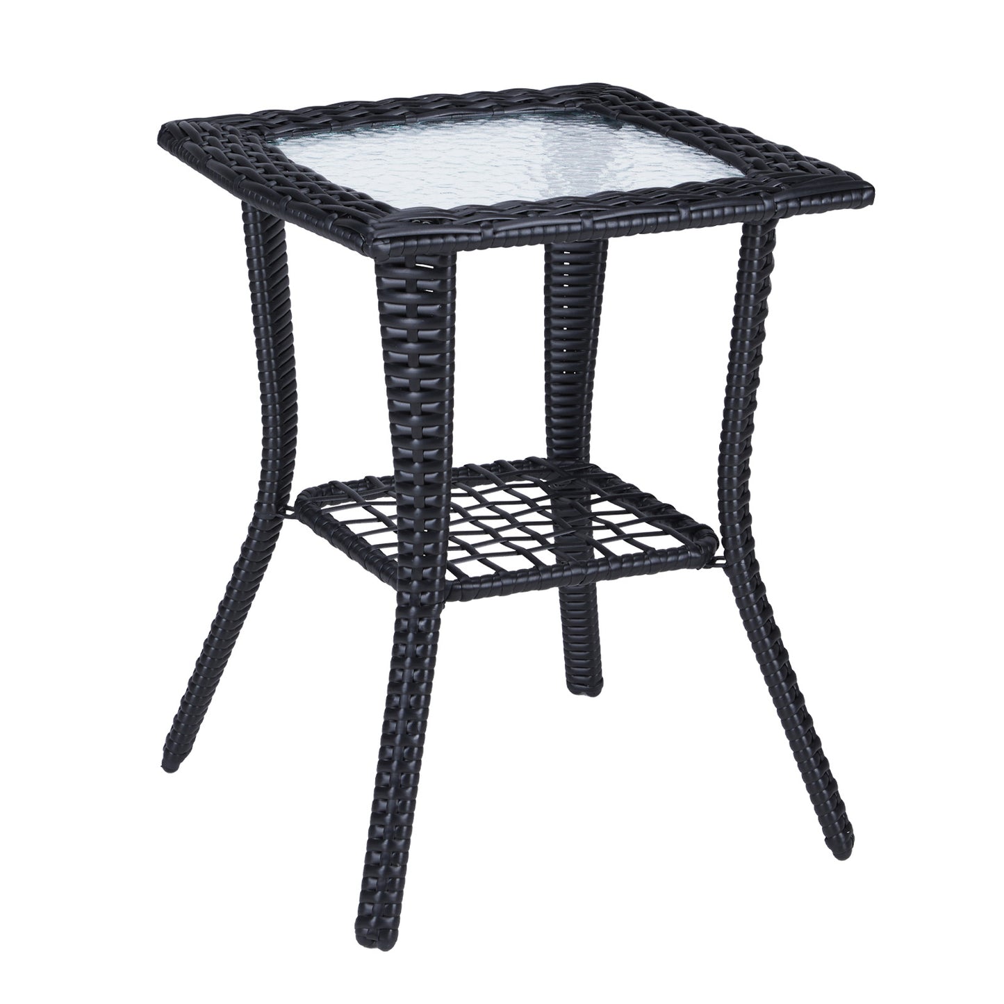 Outdoor Wicker Side Table, Rattan End Table with Glass Top, Patio Coffee Bistro Table for Indoor Garden Porch Balcony, Black 0e7rxg-c0