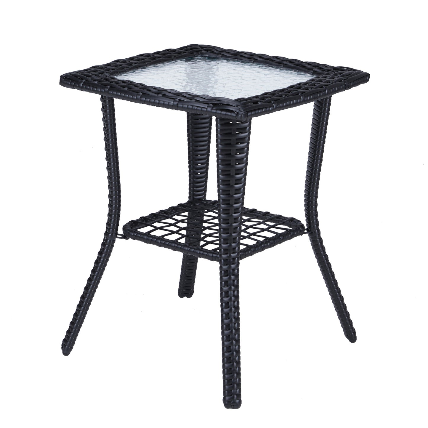 Outdoor Wicker Side Table, Rattan End Table with Glass Top, Patio Coffee Bistro Table for Indoor Garden Porch Balcony, Black 0e7rxg-c0