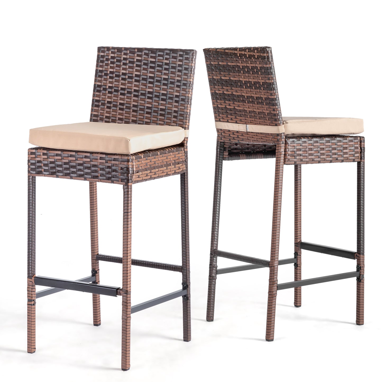 Set of 2 Patio Wicker Barstools, Outdoor Bar Height Chairs with Seat Cushions & Footrests for Patio Porch Backyard Living Room Balcony, Brown Gradient Rattan & Beige Cushion 0e7rxg-c0