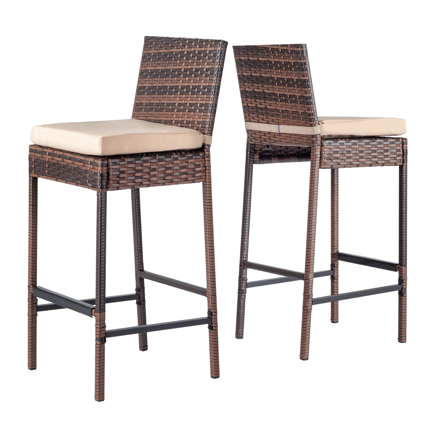 Set of 2 Patio Wicker Barstools, Outdoor Bar Height Chairs with Seat Cushions & Footrests for Patio Porch Backyard Living Room Balcony, Brown Gradient Rattan & Beige Cushion 0e7rxg-c0