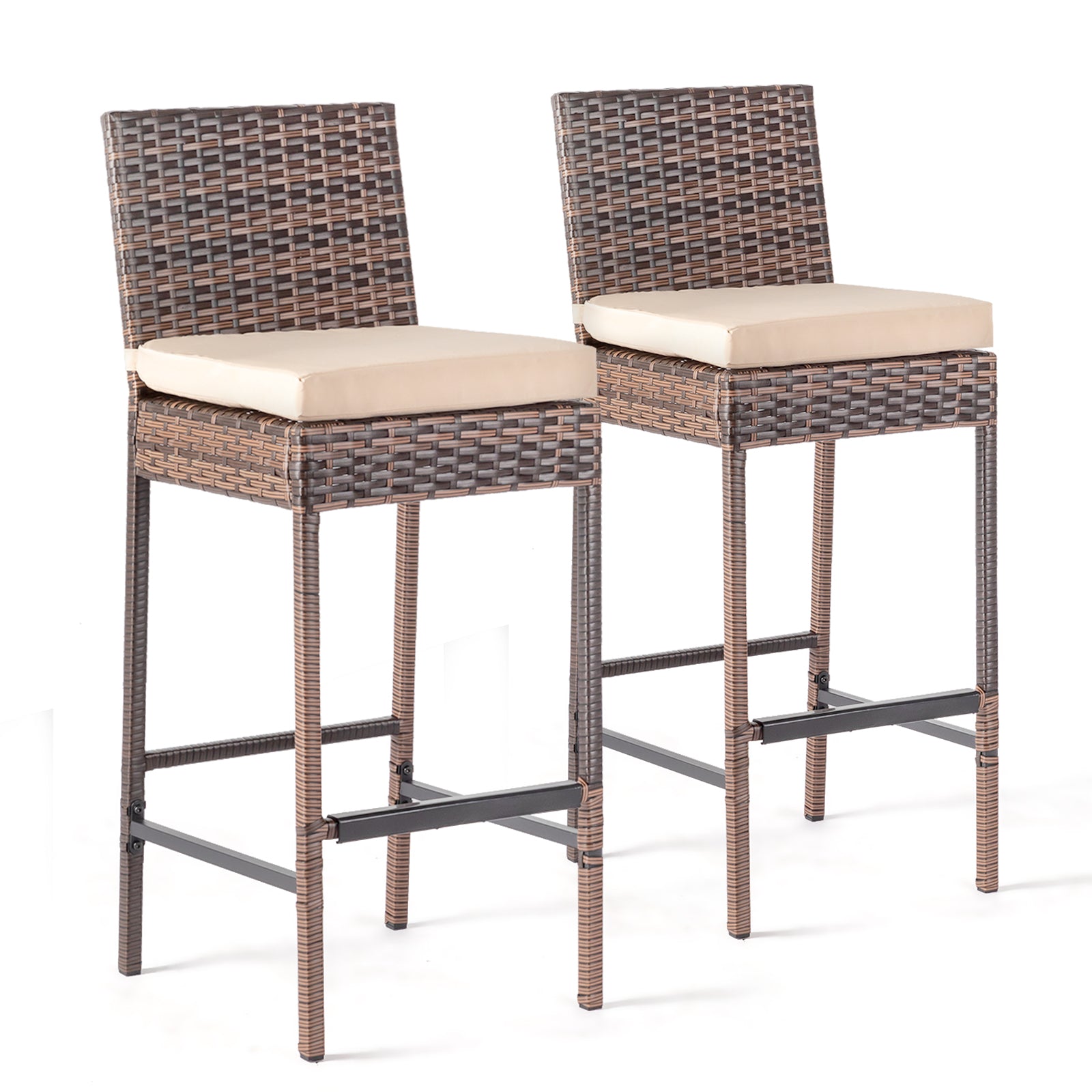 Set of 2 Patio Wicker Barstools, Outdoor Bar Height Chairs with Seat Cushions & Footrests for Patio Porch Backyard Living Room Balcony, Brown Gradient Rattan & Beige Cushion 0e7rxg-c0