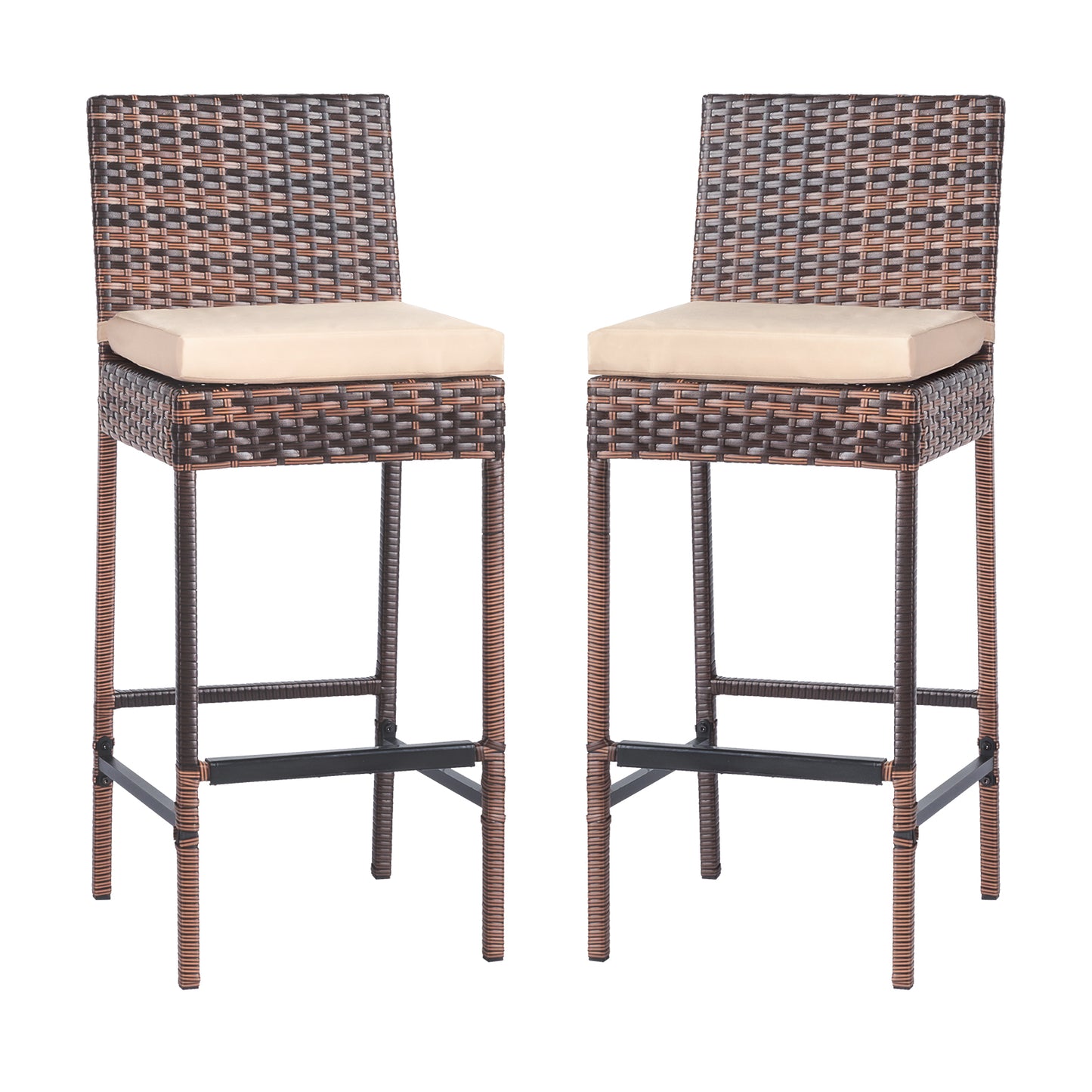 Set of 2 Patio Wicker Barstools, Outdoor Bar Height Chairs with Seat Cushions & Footrests for Patio Porch Backyard Living Room Balcony, Brown Gradient Rattan & Beige Cushion 0e7rxg-c0