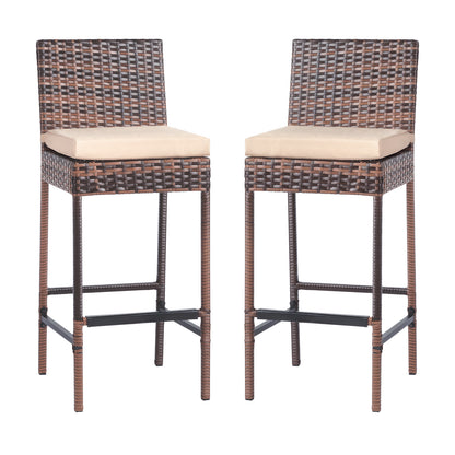 Set of 2 Patio Wicker Barstools, Outdoor Bar Height Chairs with Seat Cushions & Footrests for Patio Porch Backyard Living Room Balcony, Brown Gradient Rattan & Beige Cushion 0e7rxg-c0