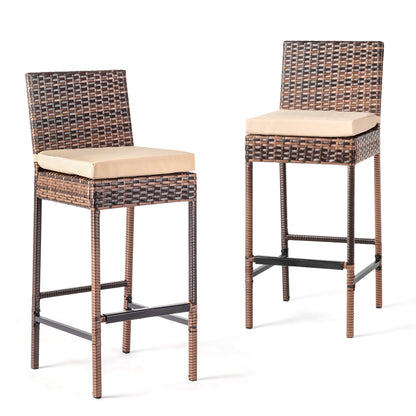 Set of 2 Patio Wicker Barstools, Outdoor Bar Height Chairs with Seat Cushions & Footrests for Patio Porch Backyard Living Room Balcony, Brown Gradient Rattan & Beige Cushion 0e7rxg-c0