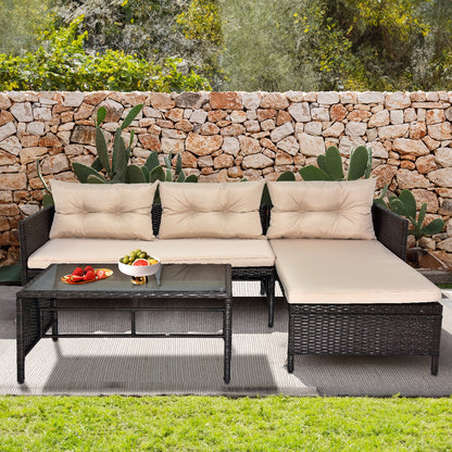 3 Piece Outdoor PE Rattan Furniture Set, Patio Black Wicker Conversation Loveseat Sofa Sectional Couch Khaki Cushion 0e7rxg-c0