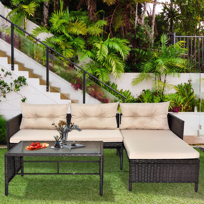 3 Piece Outdoor PE Rattan Furniture Set, Patio Black Wicker Conversation Loveseat Sofa Sectional Couch Khaki Cushion 0e7rxg-c0