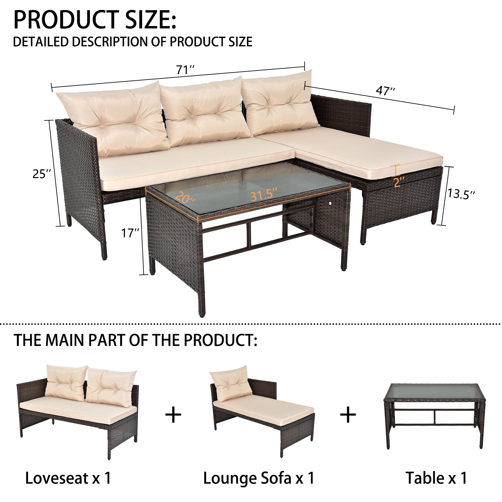 3 Piece Outdoor PE Rattan Furniture Set, Patio Black Wicker Conversation Loveseat Sofa Sectional Couch Khaki Cushion 0e7rxg-c0