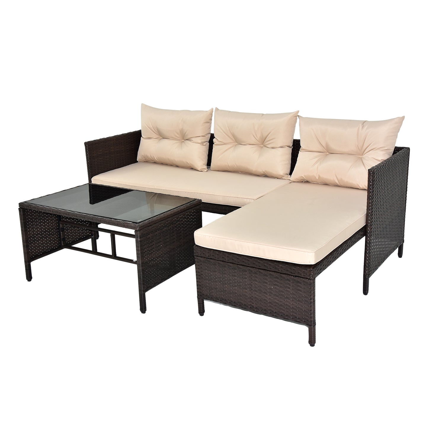 3 Piece Outdoor PE Rattan Furniture Set, Patio Black Wicker Conversation Loveseat Sofa Sectional Couch Khaki Cushion 0e7rxg-c0