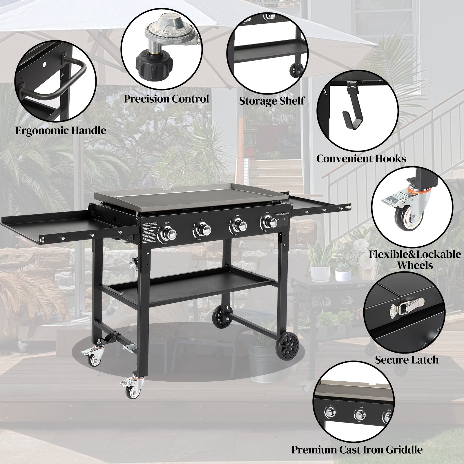 Foldable 4-Burner Flat Top Gas Griddle Cooking Station, Propane Fuelled Griddle Station with Side Shelves for Outdoor Barbecue Backyard Cookout 0e7rxg-c0