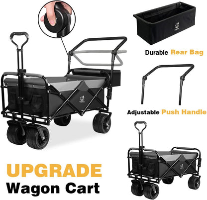 Collapsible Heavy Duty Beach Wagon Cart All Terrain Beach Wheels Large Capacity Outdoor Folding Utility Camping Garden Cart Brake for Beach Camping Shopping (black＆gray） 0e7rxg-c0