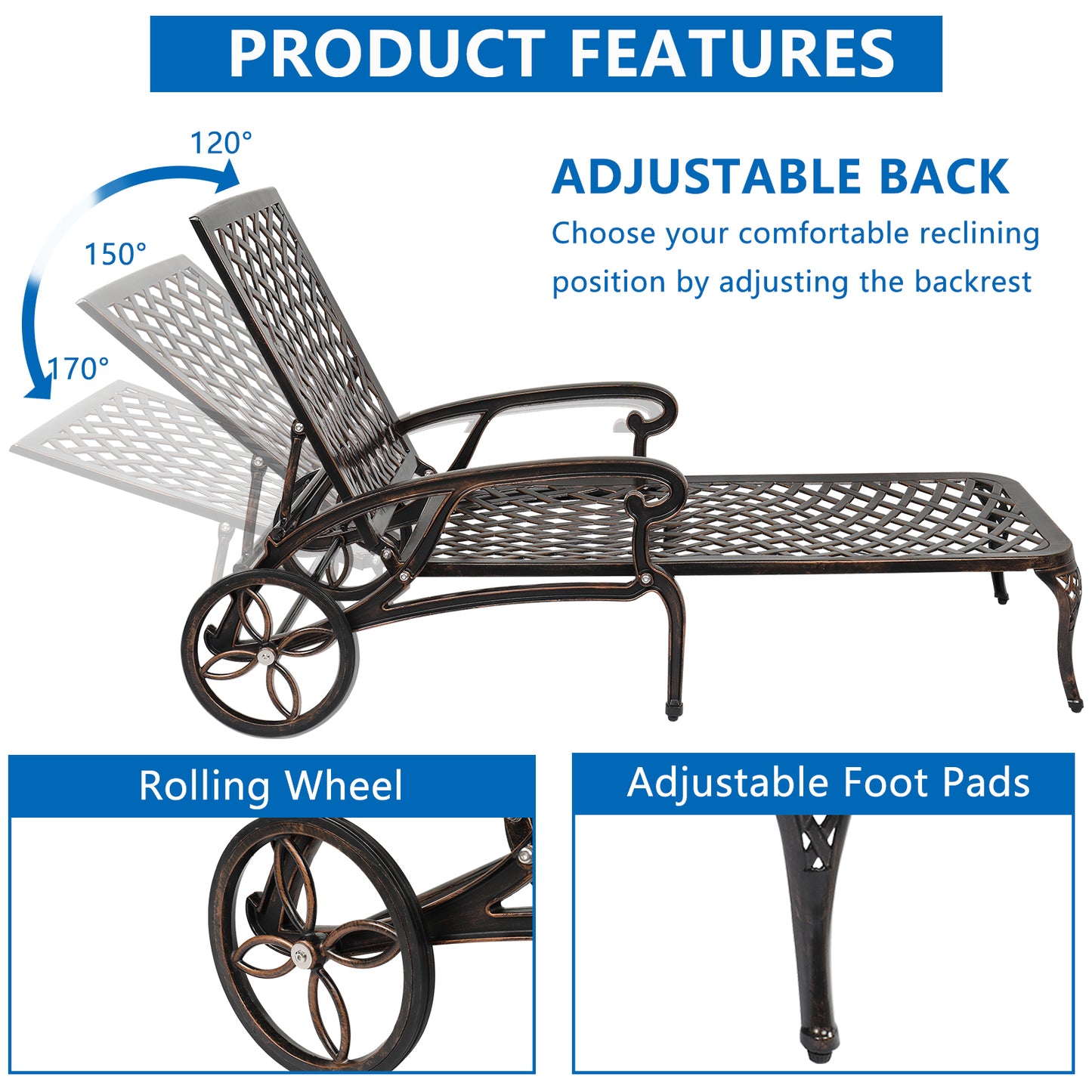 【Replace 60810204】193*64.5*93cm Backrest Adjustable Courtyard Cast Aluminum Lying Bed Bronze 0e7rxg-c0