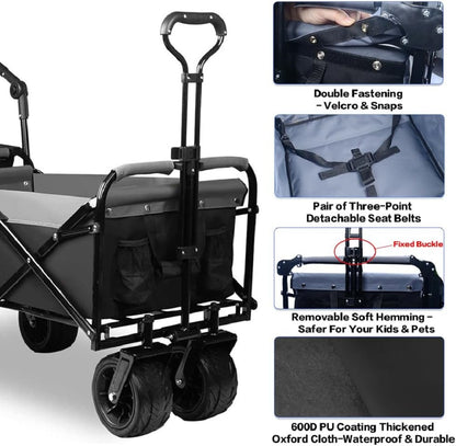 Collapsible Heavy Duty Beach Wagon Cart All Terrain Beach Wheels Large Capacity Outdoor Folding Utility Camping Garden Cart Brake for Beach Camping Shopping (black＆gray） 0e7rxg-c0