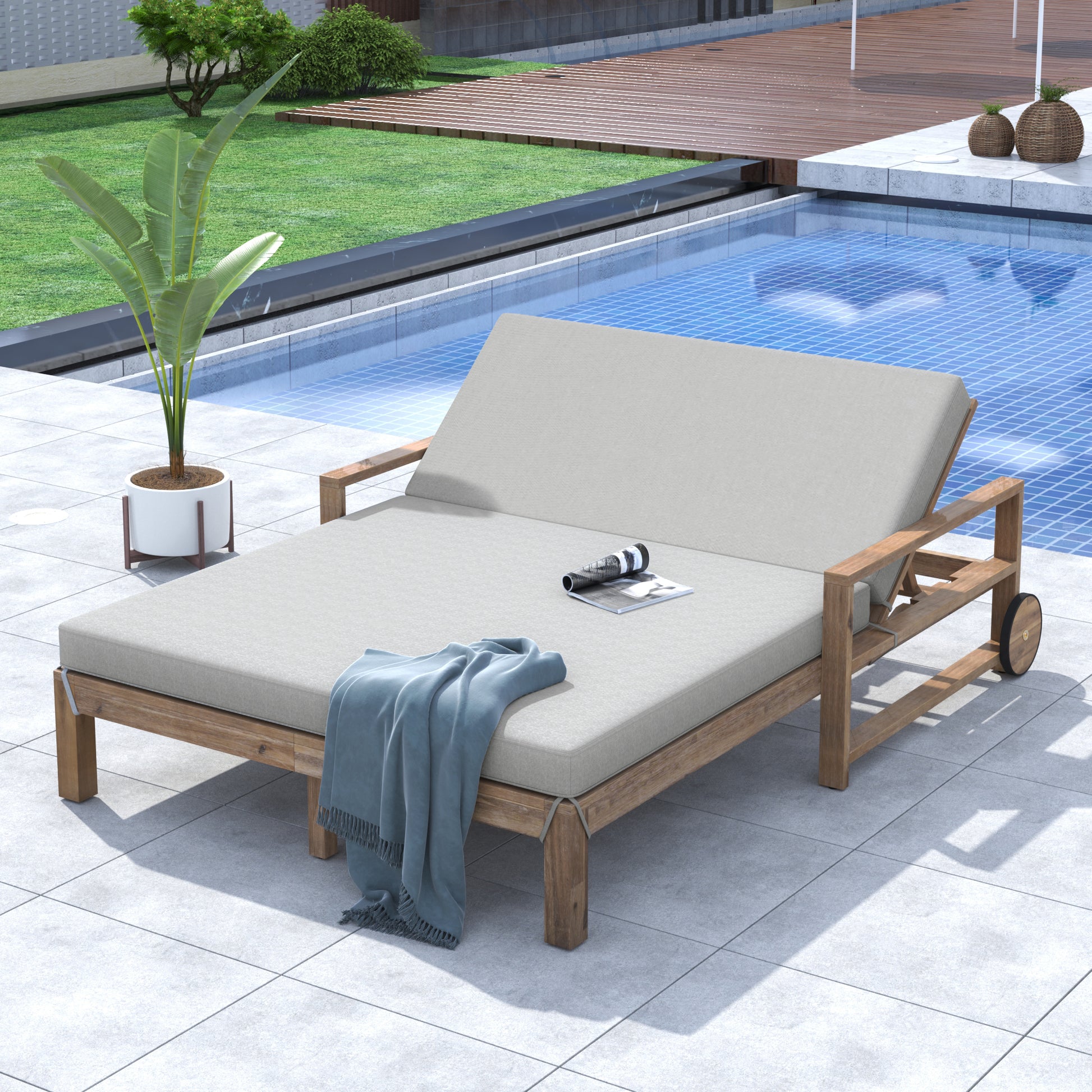 1-Piece Farmhouse-styled Wooden Outdoor Sunbed for Ultimate Relaxation Outdoor Daybed Seating 2 People for Poolside, Garden and Backyard (Grey) 0e7rxg-c0