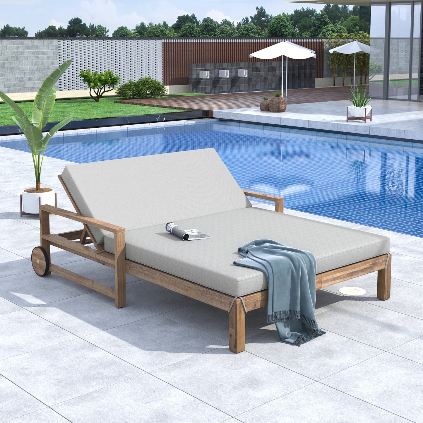 1-Piece Farmhouse-styled Wooden Outdoor Sunbed for Ultimate Relaxation Outdoor Daybed Seating 2 People for Poolside, Garden and Backyard (Grey) 0e7rxg-c0