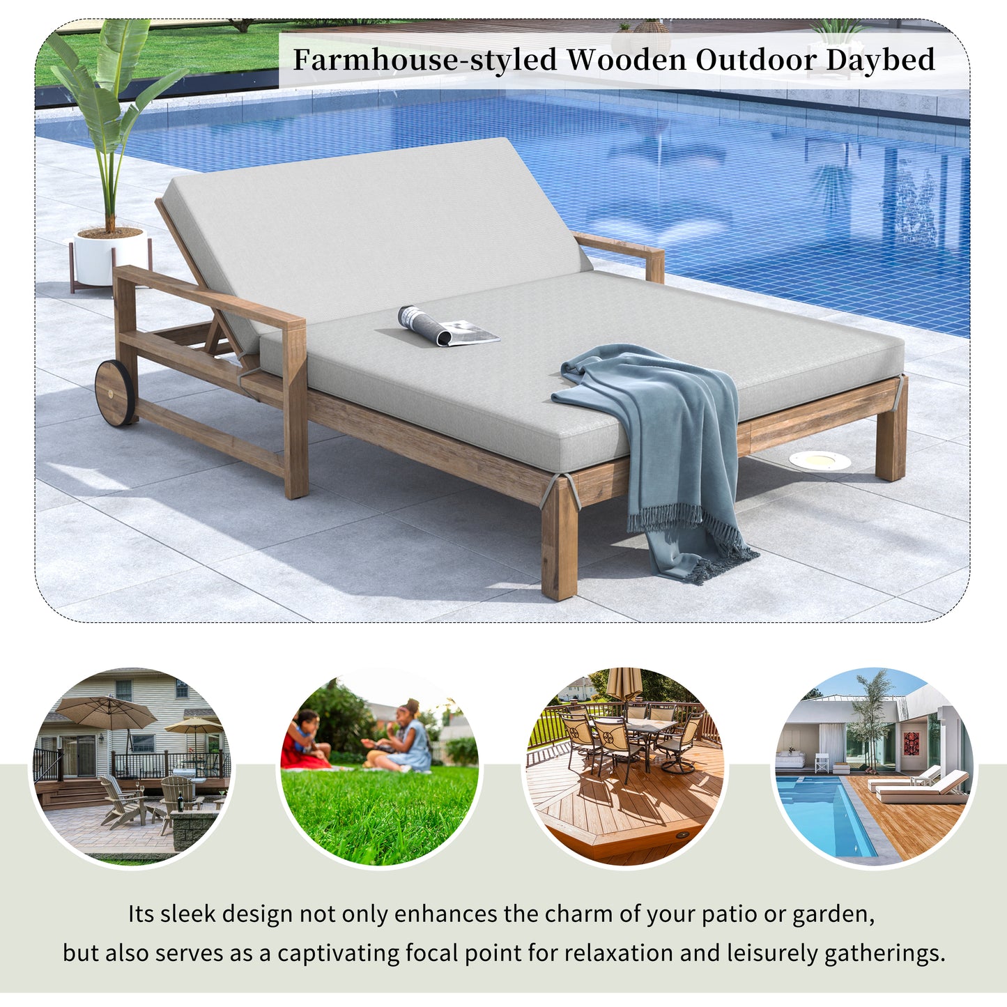 1-Piece Farmhouse-styled Wooden Outdoor Sunbed for Ultimate Relaxation Outdoor Daybed Seating 2 People for Poolside, Garden and Backyard (Grey) 0e7rxg-c0