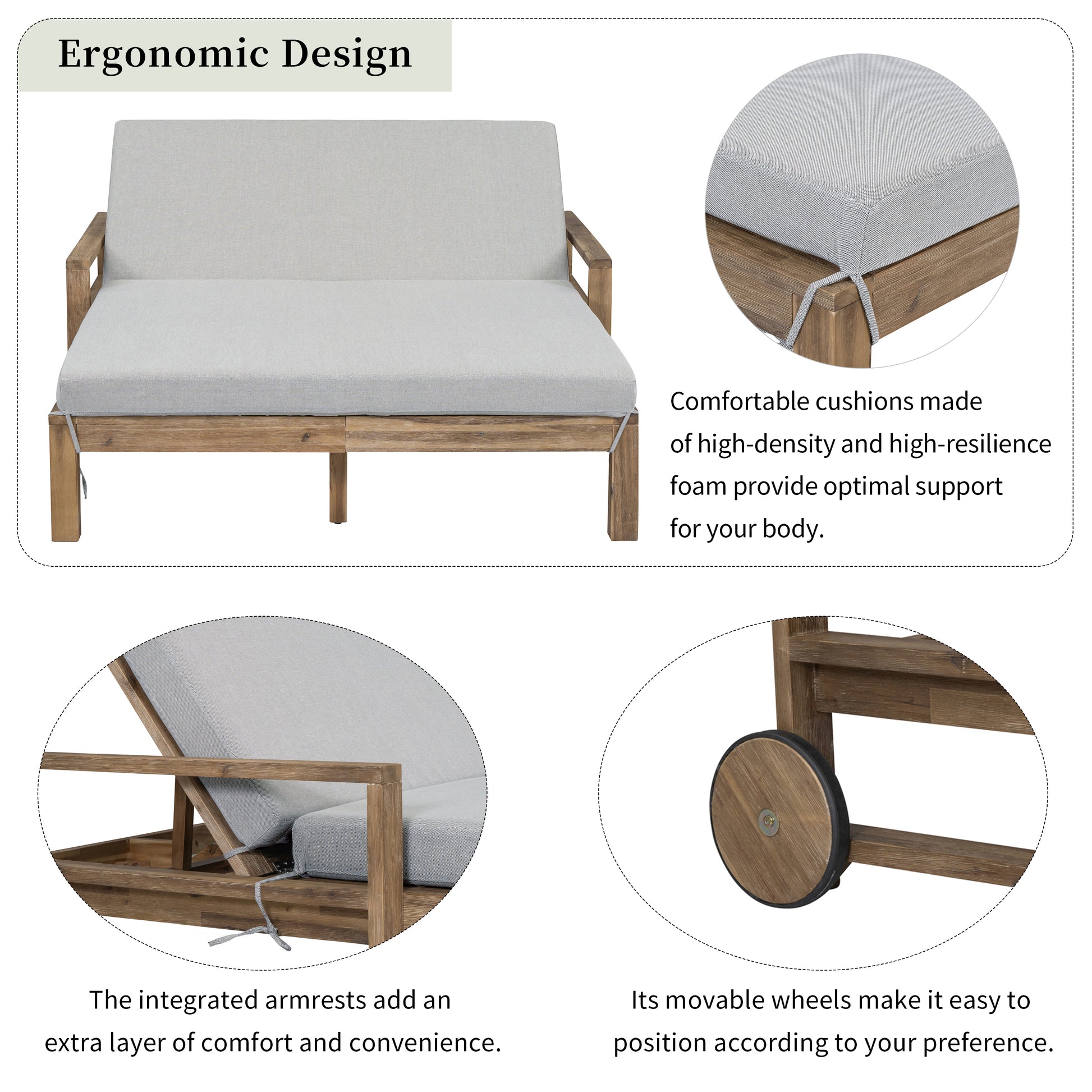 1-Piece Farmhouse-styled Wooden Outdoor Sunbed for Ultimate Relaxation Outdoor Daybed Seating 2 People for Poolside, Garden and Backyard (Grey) 0e7rxg-c0