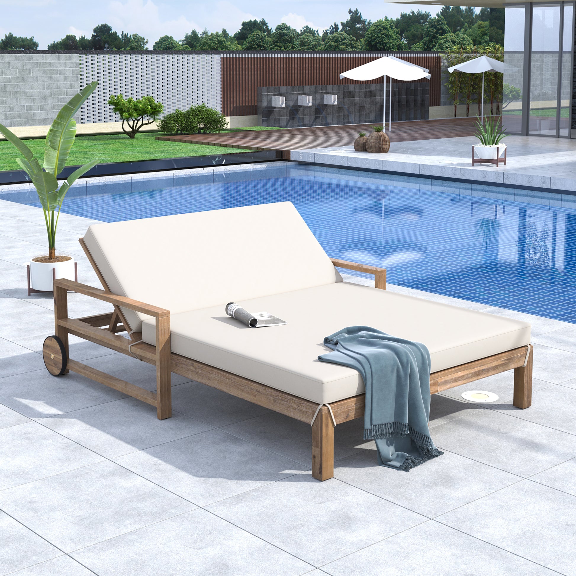 1-Piece Farmhouse-styled Wooden Outdoor Sunbed for Ultimate Relaxation Outdoor Daybed Seating 2 People for Poolside, Garden and Backyard (Beige) 0e7rxg-c0