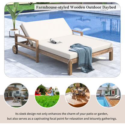 1-Piece Farmhouse-styled Wooden Outdoor Sunbed for Ultimate Relaxation Outdoor Daybed Seating 2 People for Poolside, Garden and Backyard (Beige) 0e7rxg-c0