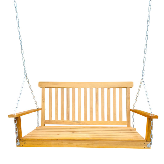 Front Porch Swing with Armrests, Wood Bench Swing with Hanging Chains,for Outdoor Patio ,Garden Yard, porch, backyard,  or sunroom,Easy to Assemble,teak 0e7rxg-c0