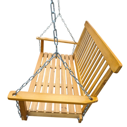 Front Porch Swing with Armrests, Wood Bench Swing with Hanging Chains,for Outdoor Patio ,Garden Yard, porch, backyard,  or sunroom,Easy to Assemble,teak 0e7rxg-c0