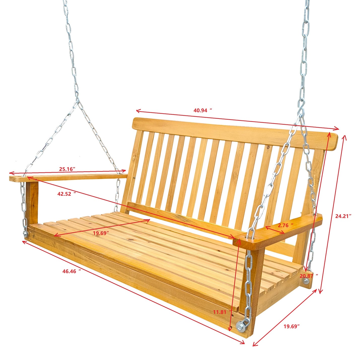 Front Porch Swing with Armrests, Wood Bench Swing with Hanging Chains,for Outdoor Patio ,Garden Yard, porch, backyard,  or sunroom,Easy to Assemble,teak 0e7rxg-c0