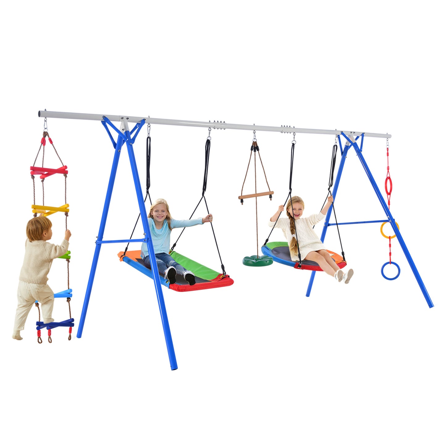 5 in 1 Outdoor Toddler Swing Set for Backyard, Playground Swing Sets with Steel Frame, Multifunction Playsets for Kids with Climbing Ladder, Saucer Swing, Monkey Bar Swing, Disc Swing and Swing Ring 0e7rxg-c0