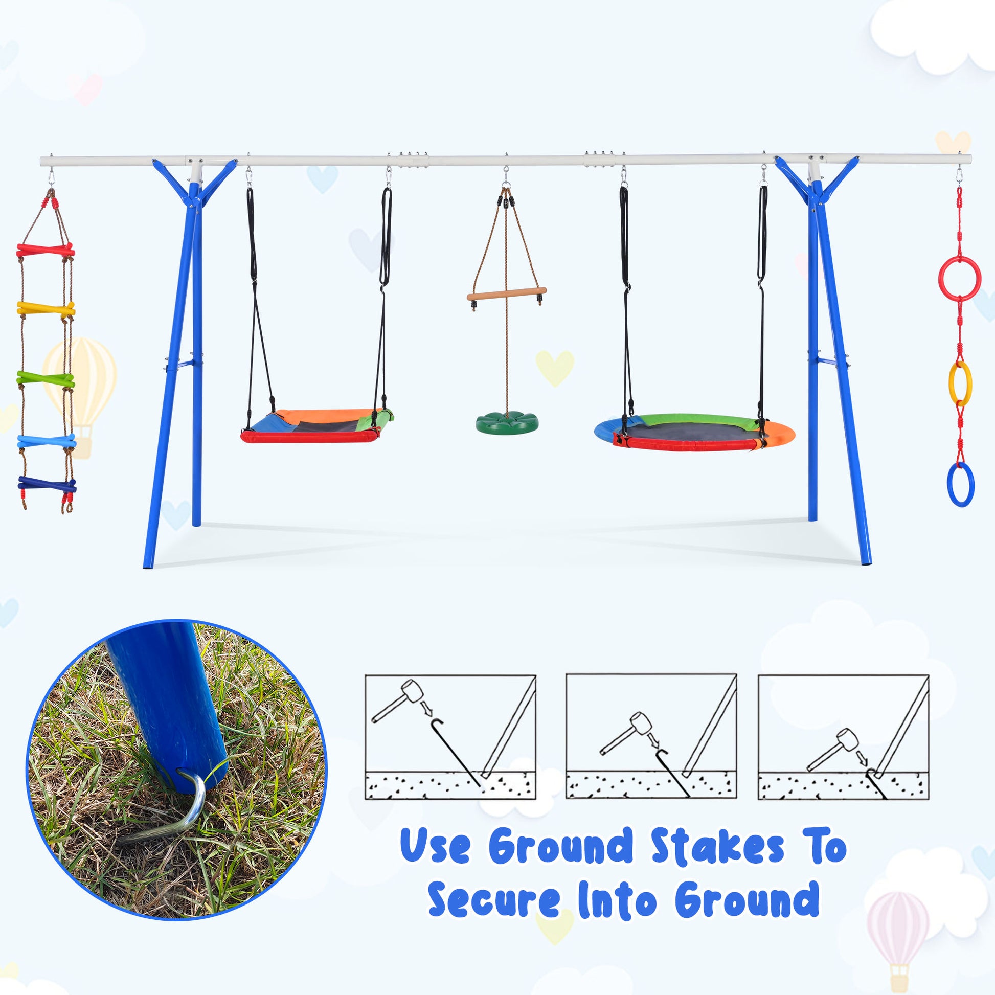 5 in 1 Outdoor Toddler Swing Set for Backyard, Playground Swing Sets with Steel Frame, Multifunction Playsets for Kids with Climbing Ladder, Saucer Swing, Monkey Bar Swing, Disc Swing and Swing Ring 0e7rxg-c0