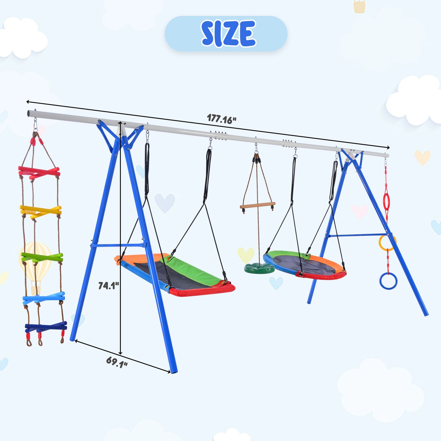 5 in 1 Outdoor Toddler Swing Set for Backyard, Playground Swing Sets with Steel Frame, Multifunction Playsets for Kids with Climbing Ladder, Saucer Swing, Monkey Bar Swing, Disc Swing and Swing Ring 0e7rxg-c0