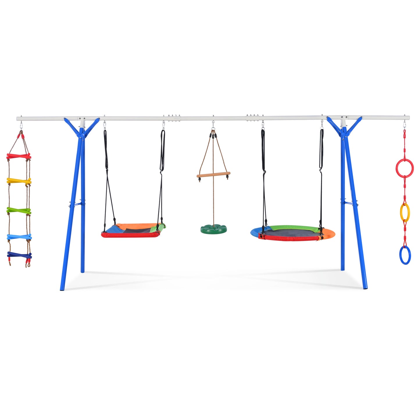 5 in 1 Outdoor Toddler Swing Set for Backyard, Playground Swing Sets with Steel Frame, Multifunction Playsets for Kids with Climbing Ladder, Saucer Swing, Monkey Bar Swing, Disc Swing and Swing Ring 0e7rxg-c0