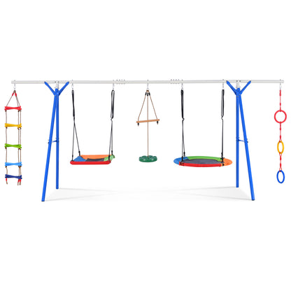 5 in 1 Outdoor Toddler Swing Set for Backyard, Playground Swing Sets with Steel Frame, Multifunction Playsets for Kids with Climbing Ladder, Saucer Swing, Monkey Bar Swing, Disc Swing and Swing Ring 0e7rxg-c0