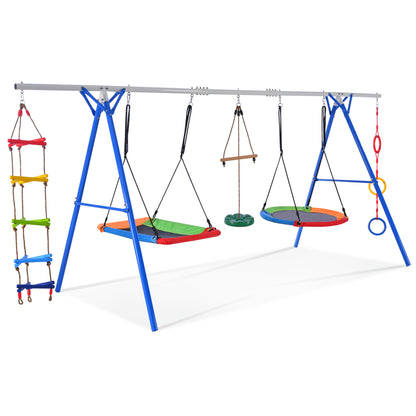 5 in 1 Outdoor Toddler Swing Set for Backyard, Playground Swing Sets with Steel Frame, Multifunction Playsets for Kids with Climbing Ladder, Saucer Swing, Monkey Bar Swing, Disc Swing and Swing Ring 0e7rxg-c0