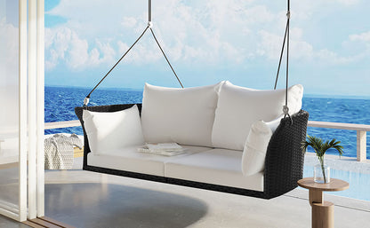 51.9" 2-Person Hanging Seat, Rattan Woven Swing Chair, Porch Swing With Ropes, Black Wicker And White Cushion 0e7rxg-c0