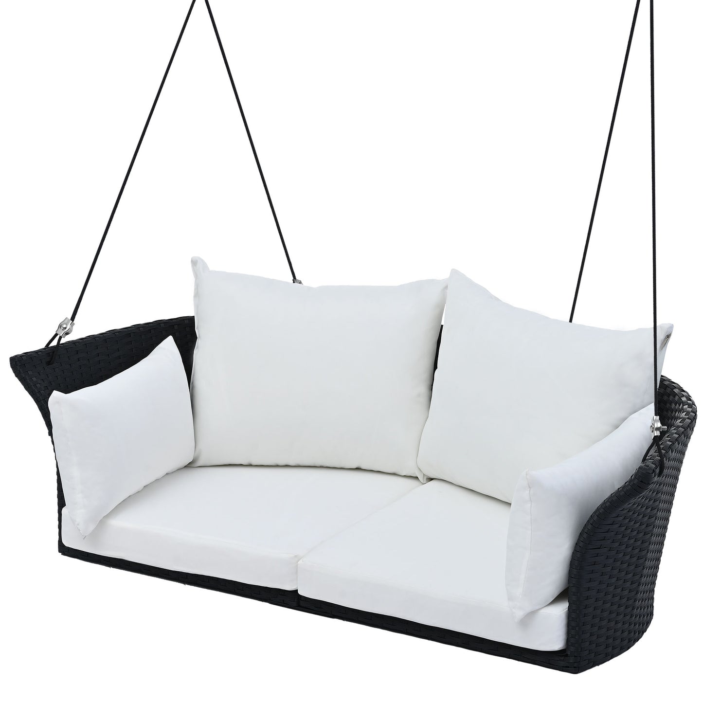 51.9" 2-Person Hanging Seat, Rattan Woven Swing Chair, Porch Swing With Ropes, Black Wicker And White Cushion 0e7rxg-c0