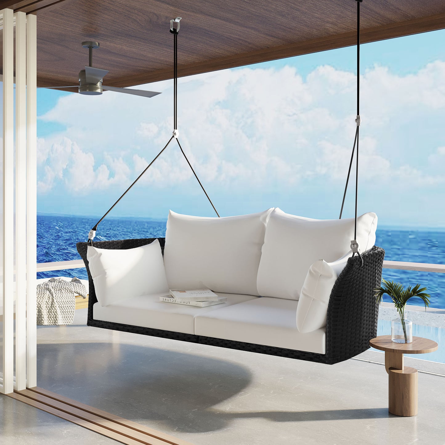 51.9" 2-Person Hanging Seat, Rattan Woven Swing Chair, Porch Swing With Ropes, Black Wicker And White Cushion 0e7rxg-c0