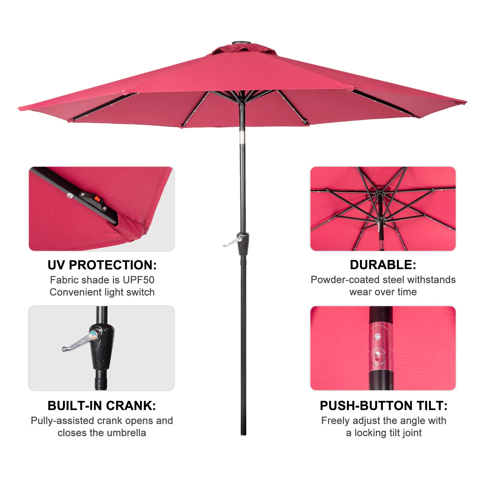 9FT  Umbrella Waterproof Folding Sunshade  Wine Red with Light（Not Included Umbrella Base） 0e7rxg-c0