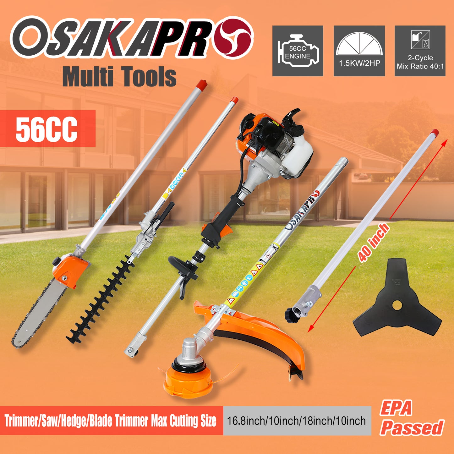 5 in 1 Multi-Functional Trimming Tool, 56CC 2-Cycle Garden Tool System with Gas Pole Saw, Hedge Trimmer, Grass Trimmer, and Brush Cutter EPA Compliant 0e7rxg-c0