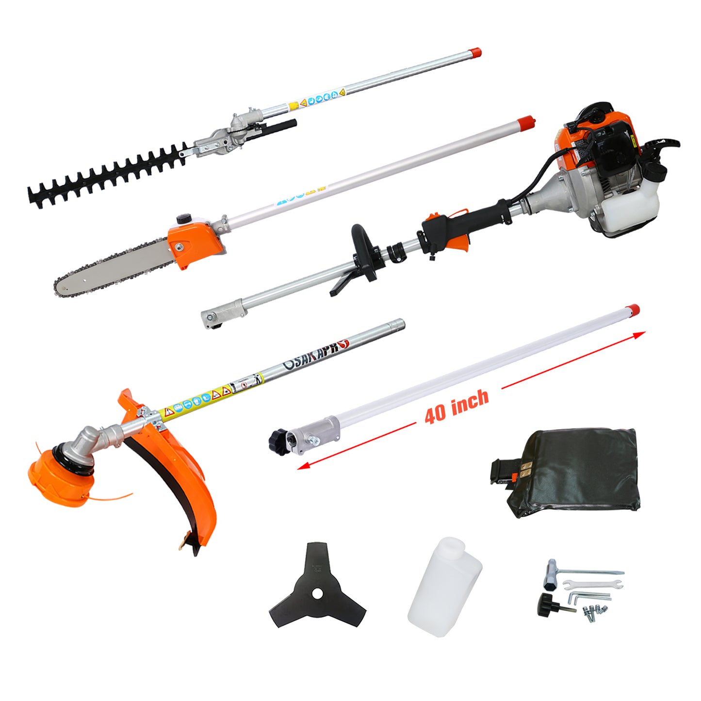 5 in 1 Multi-Functional Trimming Tool, 56CC 2-Cycle Garden Tool System with Gas Pole Saw, Hedge Trimmer, Grass Trimmer, and Brush Cutter EPA Compliant 0e7rxg-c0