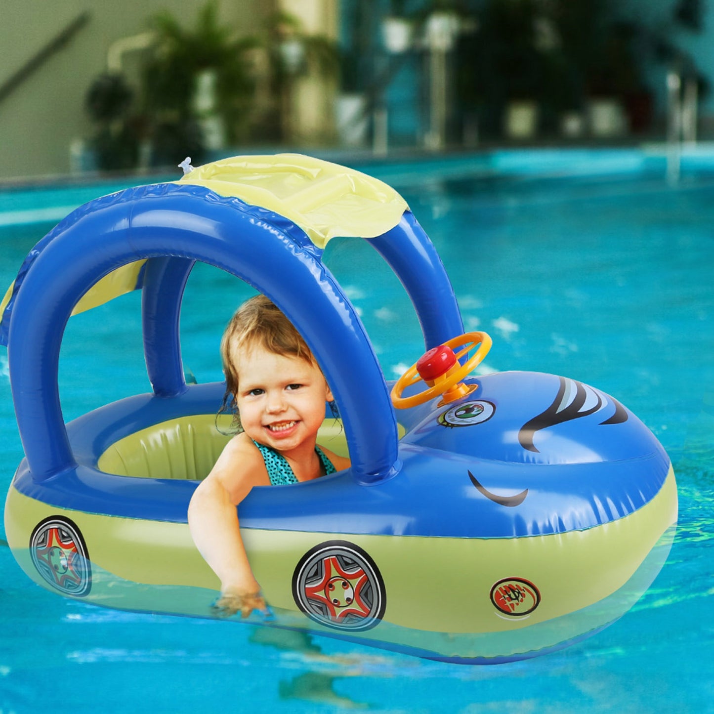 Inflatable Pool Float Car Shaped Toddler Swimming Float Boat Pool Toy Infant Swim Ring Pool with Sun Protection Canopy for 1-3 Year-Old Kids Infant Toddlers（No shipments on weekends） 0e7rxg-c0