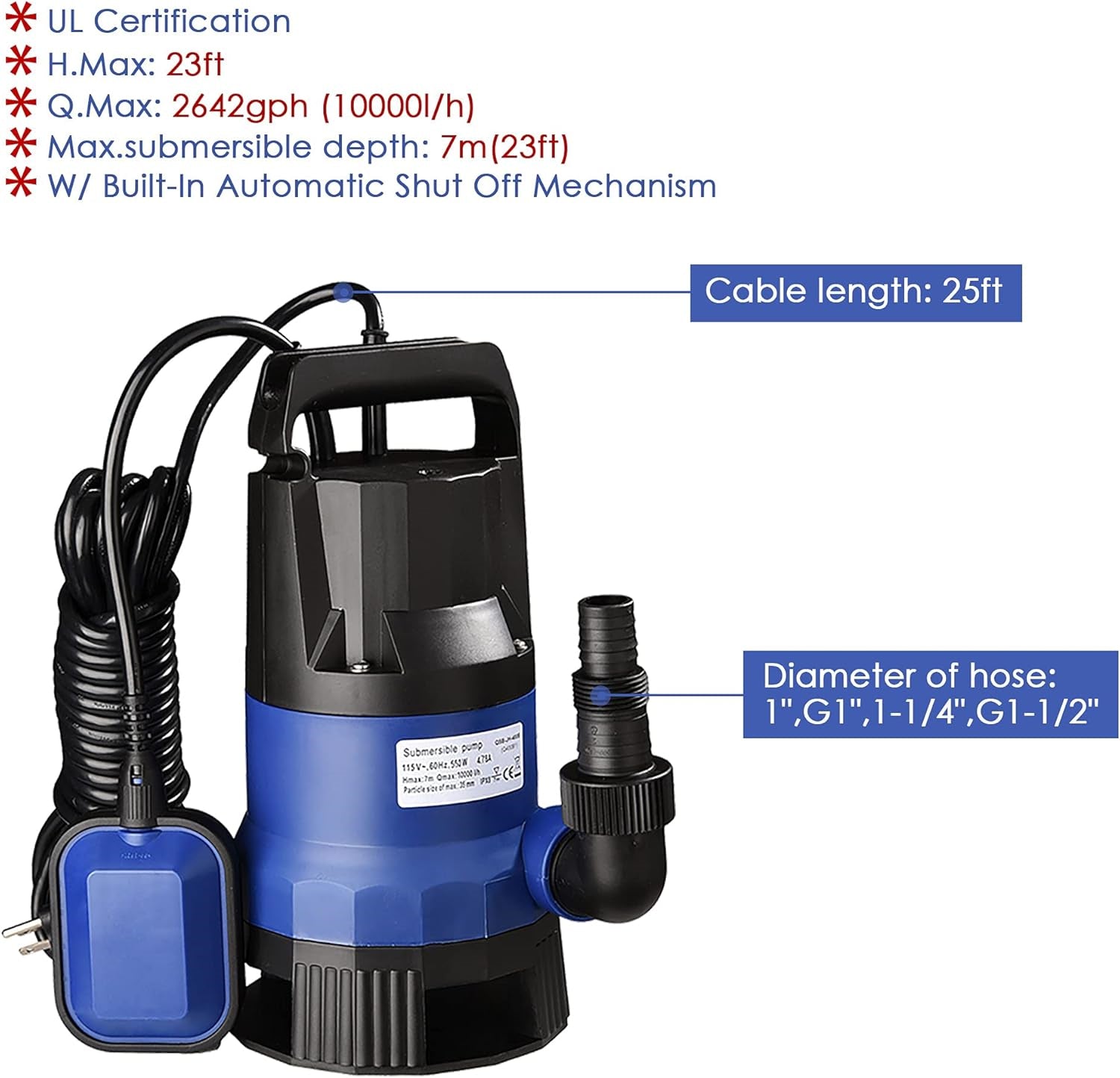 3/4HP 2642 GPH 550W Submersible Dirty Clean Water Pump Swimming Pool Pond Flood Drain Heavy Duty Water Transfer（(not shipped on weekends) 0e7rxg-c0