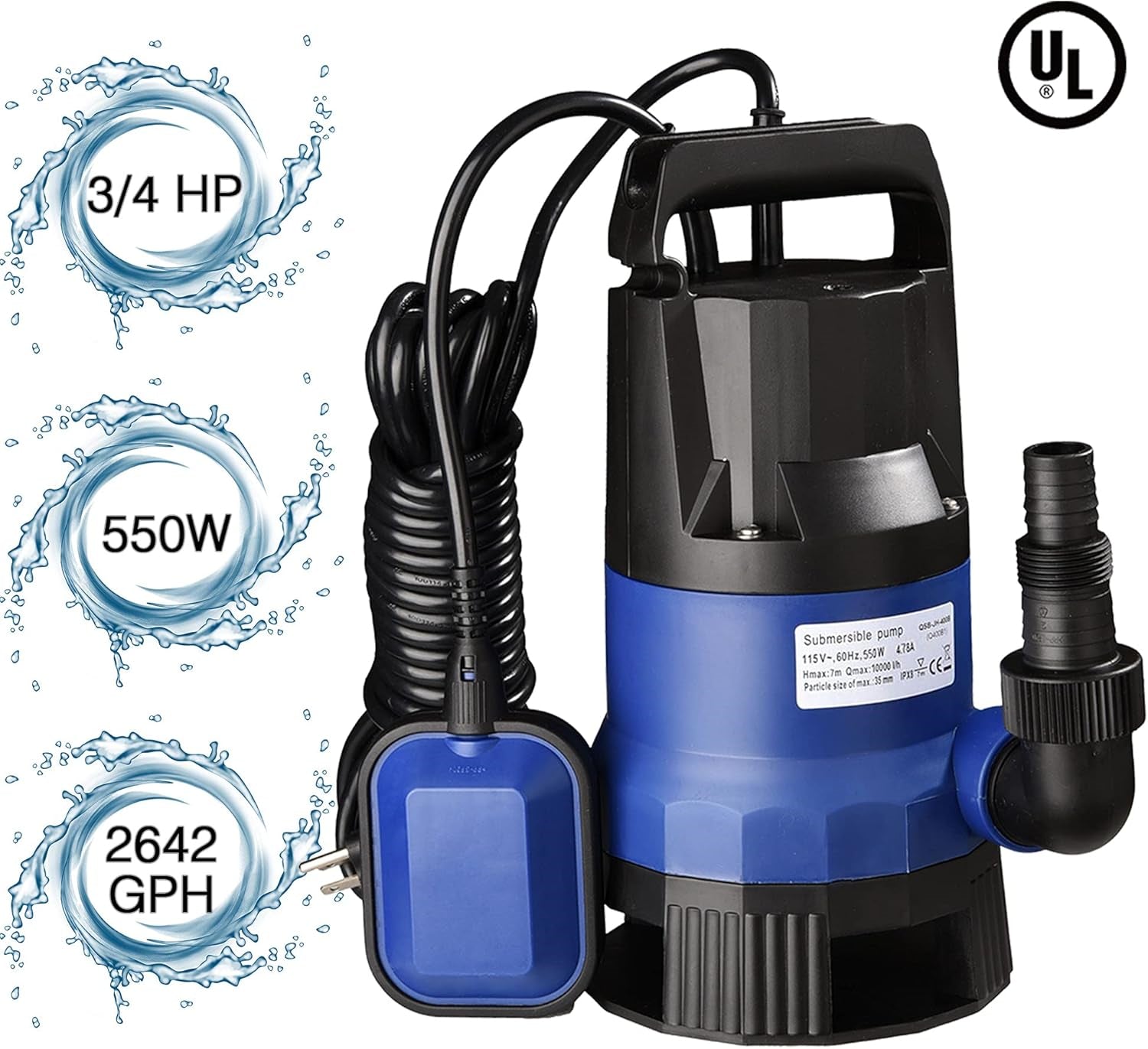 3/4HP 2642 GPH 550W Submersible Dirty Clean Water Pump Swimming Pool Pond Flood Drain Heavy Duty Water Transfer（(not shipped on weekends) 0e7rxg-c0