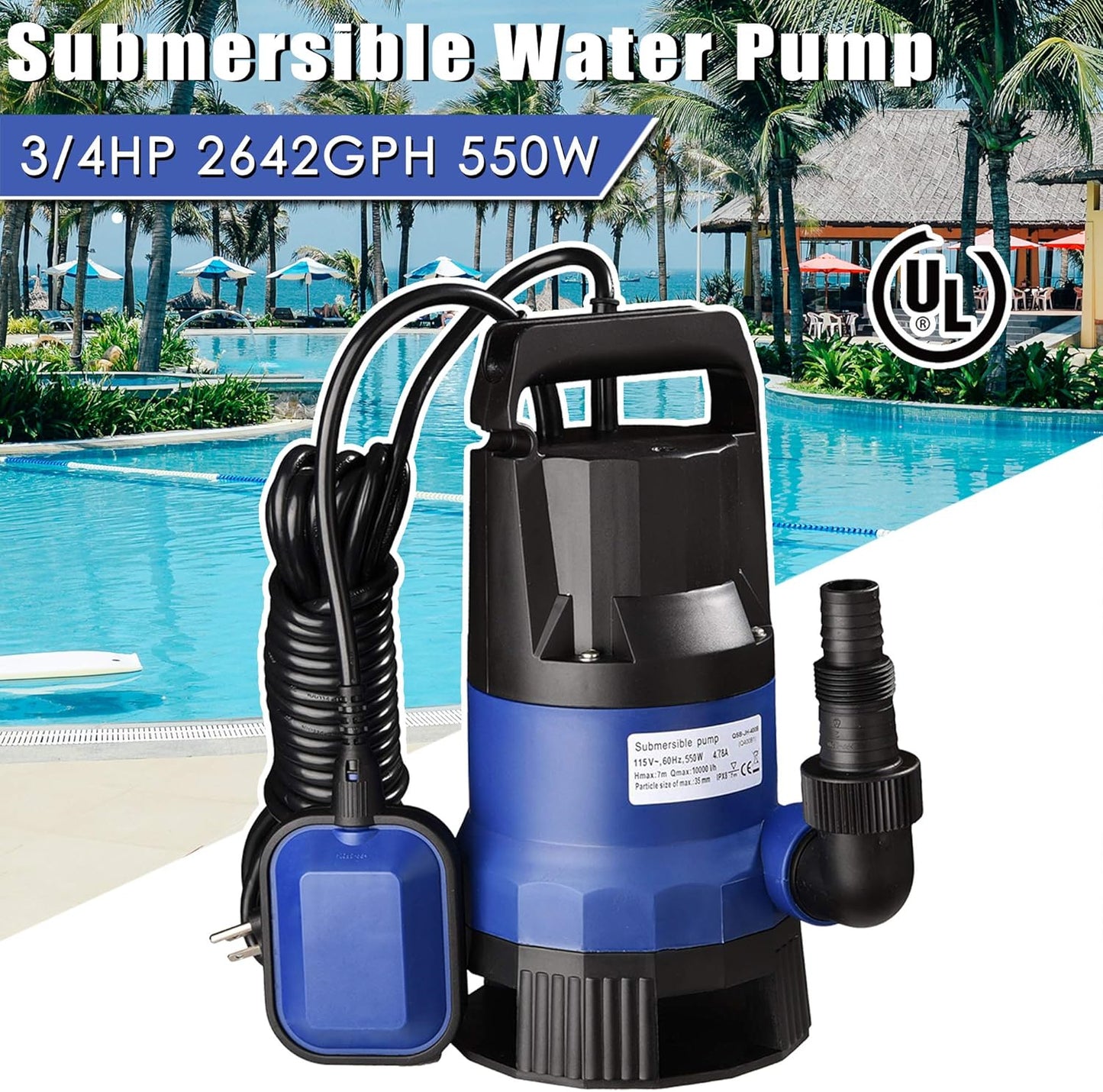 3/4HP 2642 GPH 550W Submersible Dirty Clean Water Pump Swimming Pool Pond Flood Drain Heavy Duty Water Transfer（(not shipped on weekends) 0e7rxg-c0