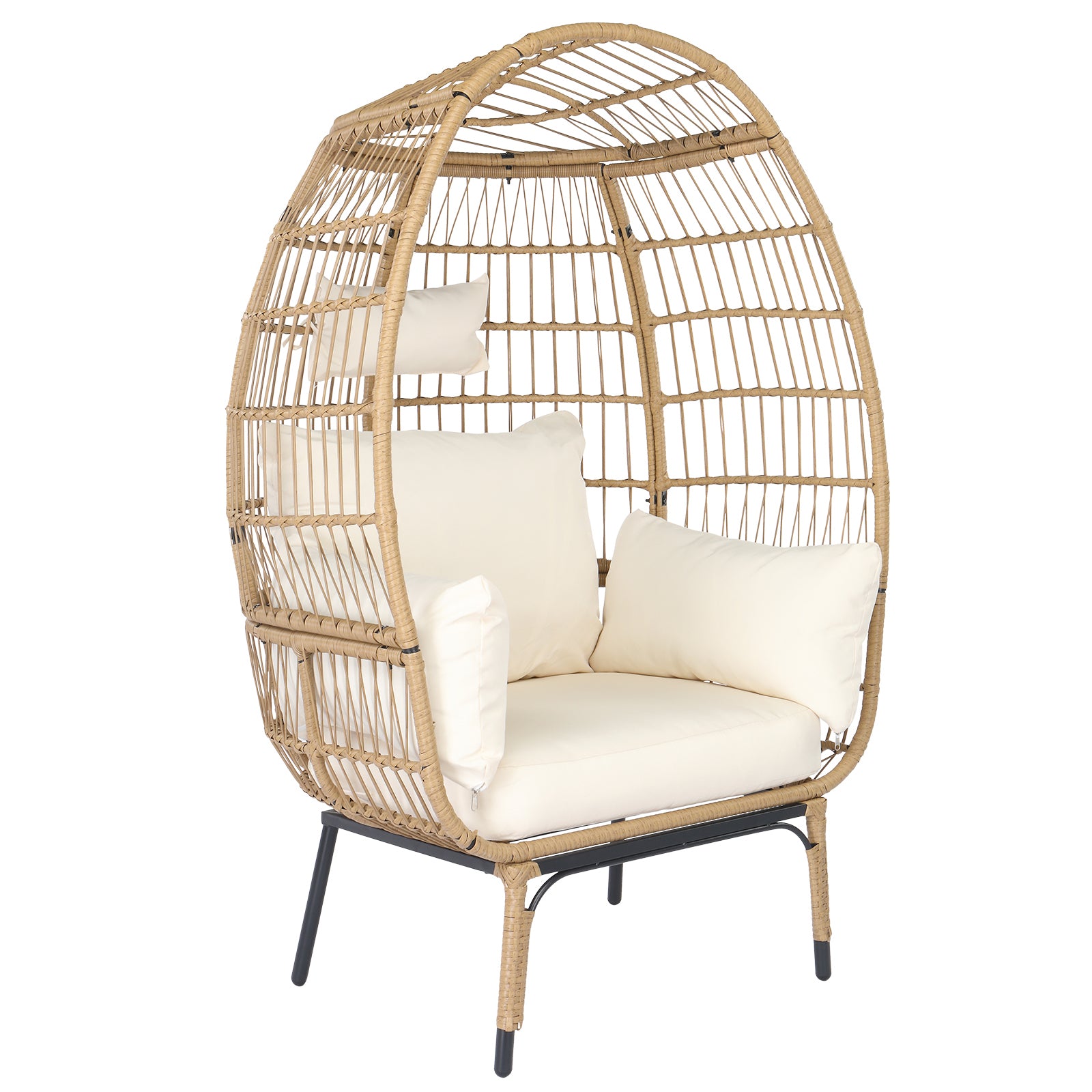 Wicker Egg Chair, Oversized Indoor Outdoor Lounger with Stand and Cushions for Patio Porch Backyard Living Room Balcony, Beige Rattan & Creamy White Cushion 0e7rxg-c0