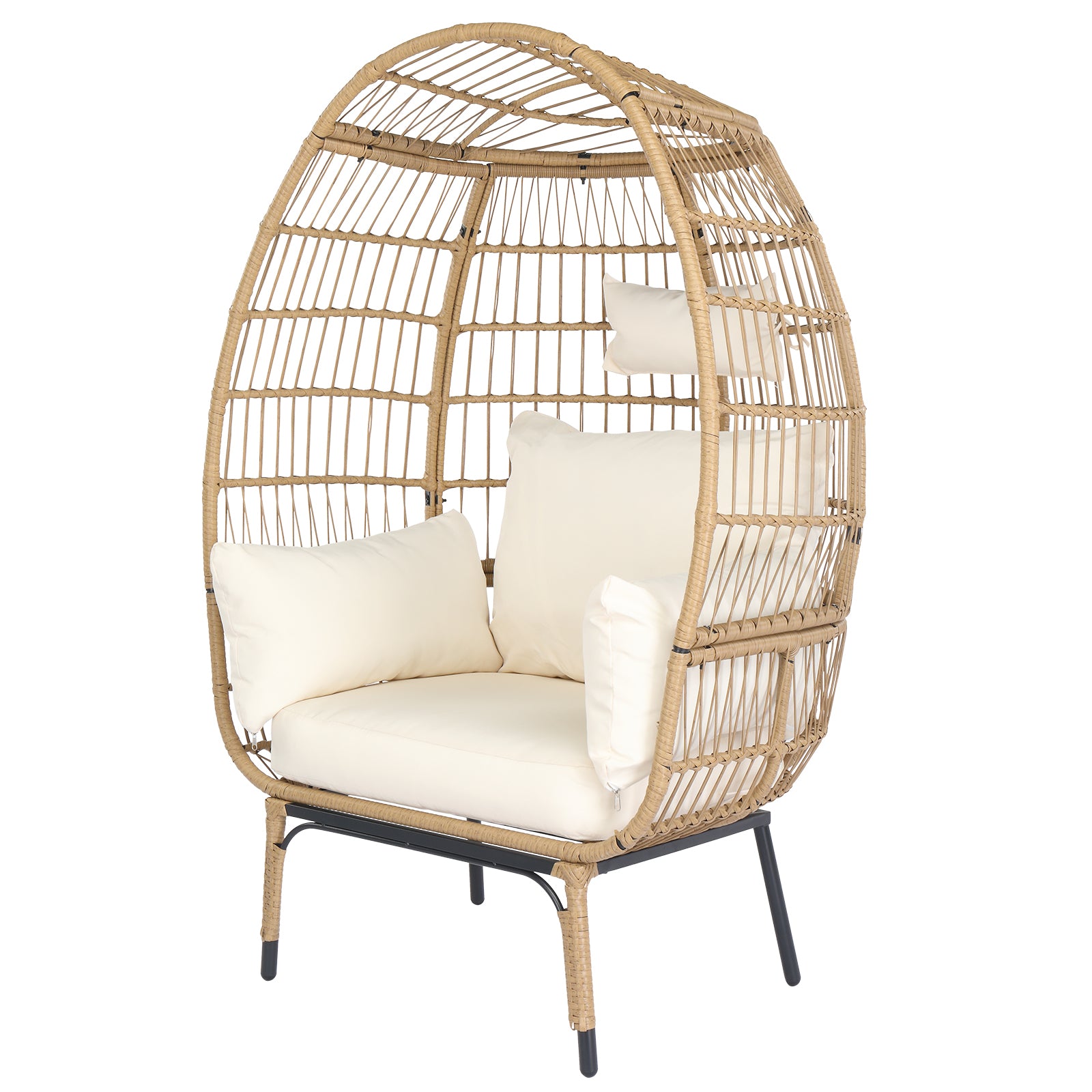 Wicker Egg Chair, Oversized Indoor Outdoor Lounger with Stand and Cushions for Patio Porch Backyard Living Room Balcony, Beige Rattan & Creamy White Cushion 0e7rxg-c0