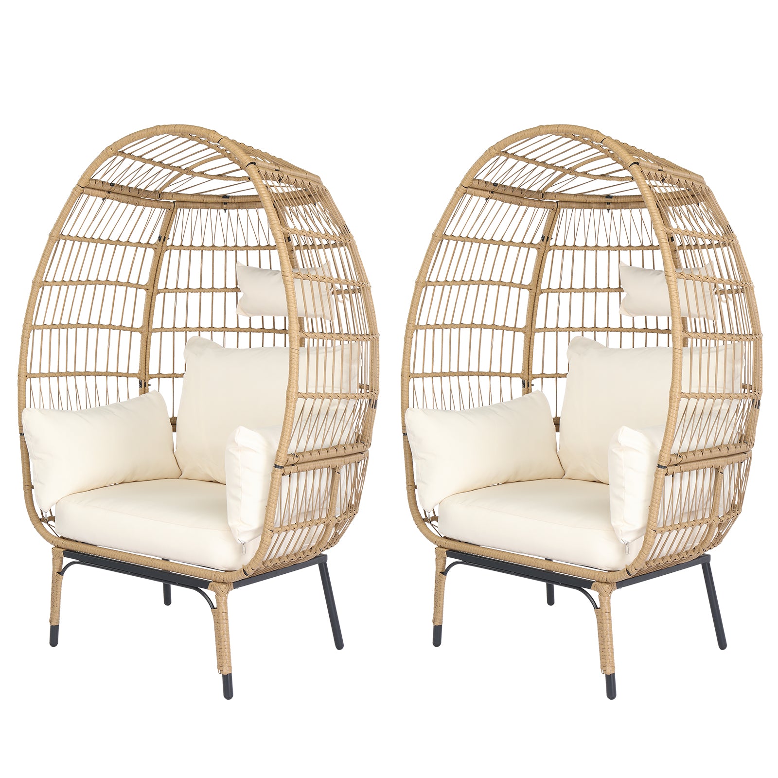 Wicker Egg Chair, Oversized Indoor Outdoor Lounger with Stand and Cushions for Patio Porch Backyard Living Room Balcony, Beige Rattan & Creamy White Cushion 0e7rxg-c0