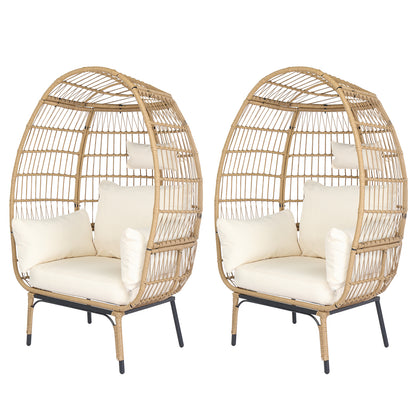 Wicker Egg Chair, Oversized Indoor Outdoor Lounger with Stand and Cushions for Patio Porch Backyard Living Room Balcony, Beige Rattan & Creamy White Cushion 0e7rxg-c0