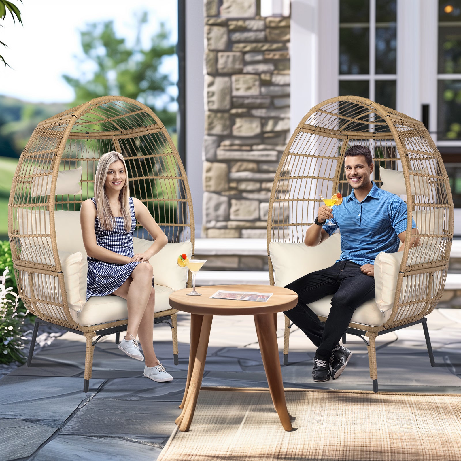 Wicker Egg Chair, Oversized Indoor Outdoor Lounger with Stand and Cushions for Patio Porch Backyard Living Room Balcony, Beige Rattan & Creamy White Cushion 0e7rxg-c0