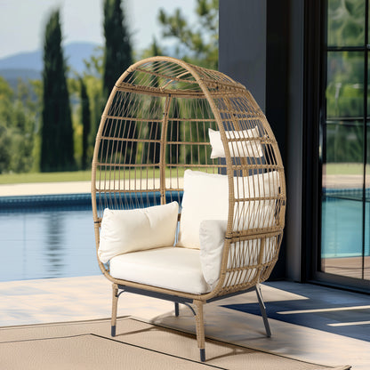 Wicker Egg Chair, Oversized Indoor Outdoor Lounger with Stand and Cushions for Patio Porch Backyard Living Room Balcony, Beige Rattan & Creamy White Cushion 0e7rxg-c0